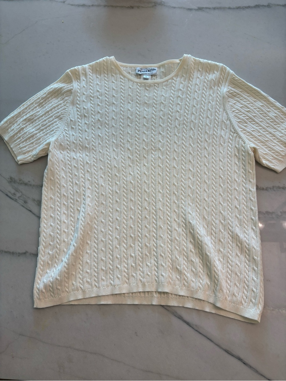Vintage Pendleton Cream Cotton Cable Knot Short Sleeve Sweater- Size L Preppy